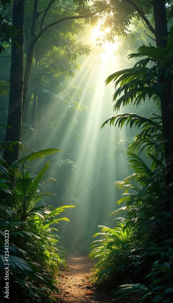 Aufkleber sunlight filters through green rainforest canopy illuminating a path. mist and fog create atmosphere