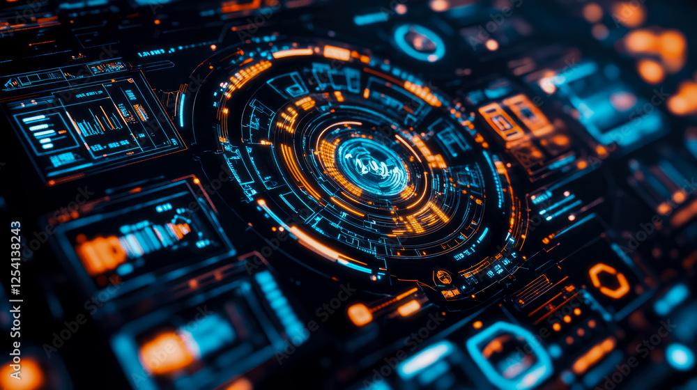 Poster futuristic hud interface: complex system monitor with glowing elements