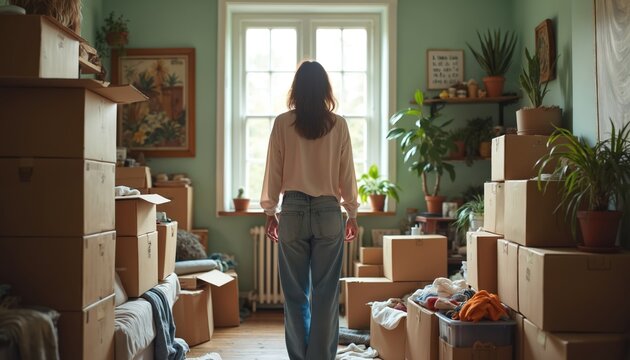 Woman in room surrounded by moving boxes, plants. Preparing for downsizing, minimalism, tidying up. Relocation to smaller house apartment. New life concept. Packing belongings stuff.