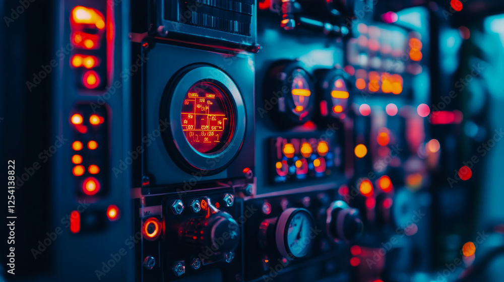 Aufkleber retro tech: illuminated control panel with gauges and displays