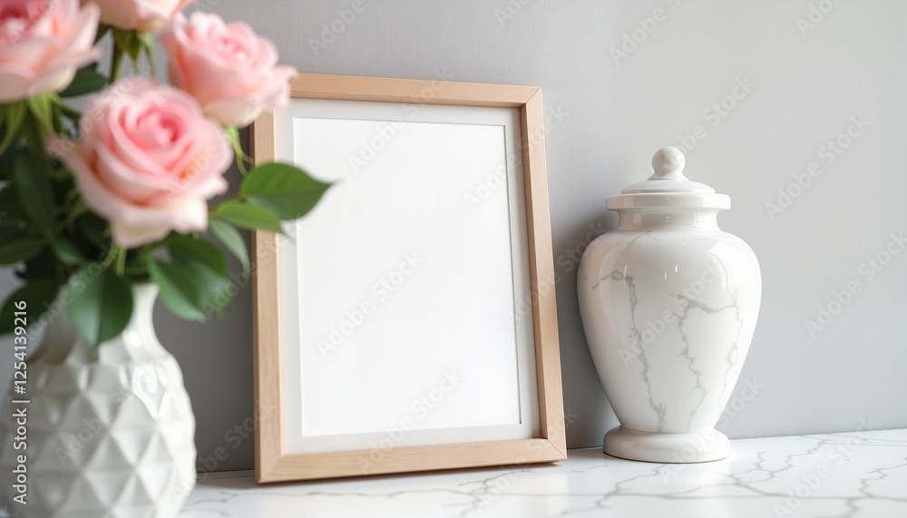 Poster decorative vase with roses and empty frame on marble table