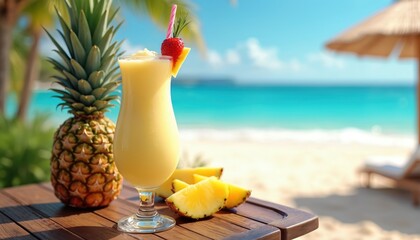 Pina Colada cocktail glass at sand beach, turquoise sea view. Tropical summer vacation at paradise island resort. Refreshment drink with pineapple, strawberry, exotic fruits.