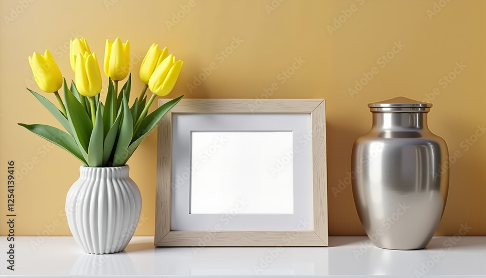 Poster yellow tulips in vase with empty frame and urn on beige background