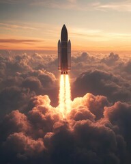 Fototapeta premium Space Rocket Flying Toward the Clouds as a Believable Icon for Success Concepts