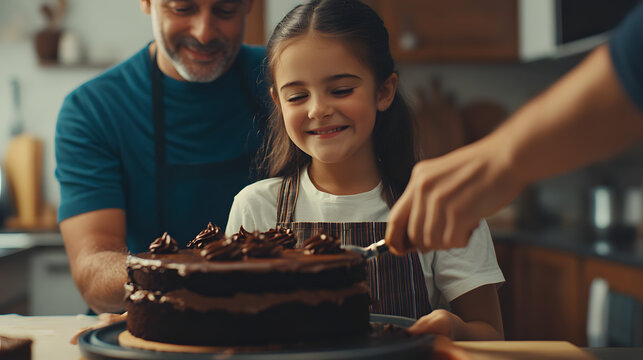 Joyful Little Girl Baking and Enjoying Chocolate Cake. Family cooking. 