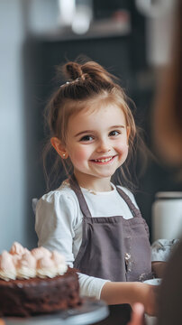 Joyful Little Girl Baking and Enjoying Chocolate Cake. Family homemade cooking. 