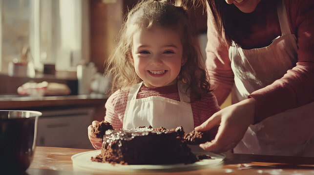 Joyful Little Girl Baking and Enjoying Chocolate Cake. Happy life. Happiness. 