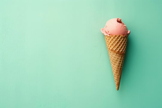 Pink strawberry ice cream scoop in waffle cone against mint green background with copy space. Summer cold sweet treat. Ice Cream Day, food festival. Flat lay, top view