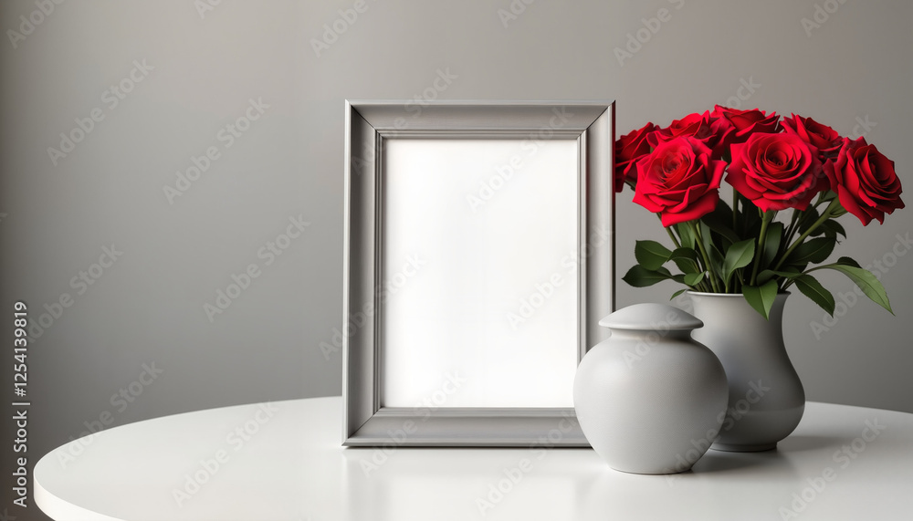 Poster empty picture frame and red roses in a modern setting