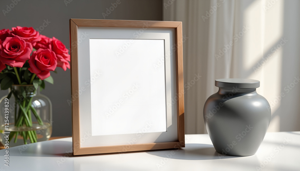 Aufkleber decorative vase and empty frame with roses in soft light