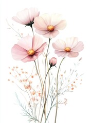 Naklejka premium Pastel cosmos bouquet, floral design, white background, greeting card