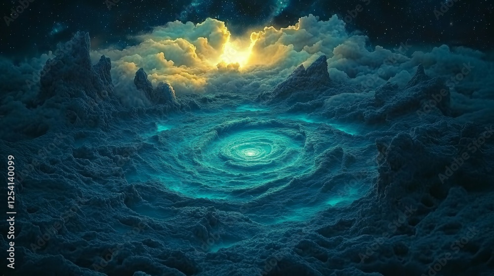 Poster space snail spiraling in a galaxy. a 3d surreal illustration filled with sacred geometry. it feature