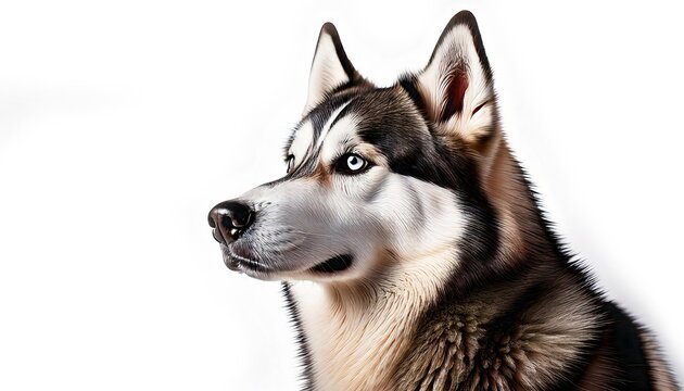 Siberian husky with striking blue eyes and detailed fur portrait on white background
