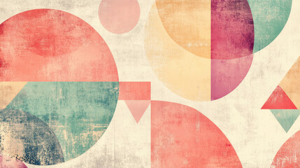 Obraz premium A retro-inspired background with faded vintage patterns, featuring soft pastel colors in geometric shapes like circles and triangles, evoking the 1980s design aesthetics. The texture has a slightly wo