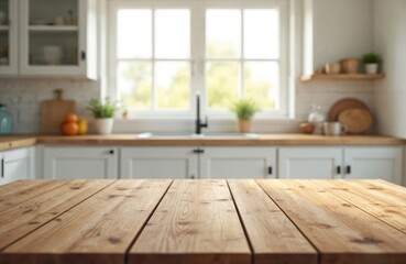 Fototapeta premium Empty wooden table top on blurry kitchen background. Wood counter surface. Modern clean white design. Kitchen interior with furniture appliance, utensils, cozy home decor.