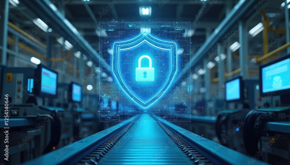 Poster illustration of industrial facility with digital lock shield overlay. cyber security concept. critic