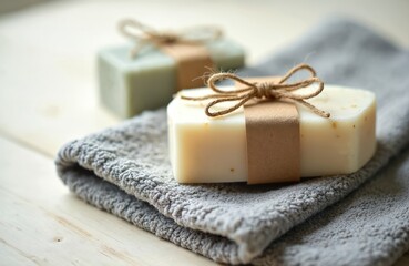 Natural soap bars wrapped in craft paper, lying on gray towel, on wooden background. Spa concept, hand made soap for aromatherapy, hygiene and bodycare.