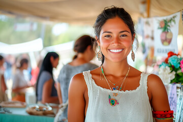 Latina saleswoman smiling in a organic market promoting fair trade and local consumption