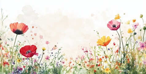 Fototapeta premium Watercolor Wildflowers Meadow Spring Floral Background