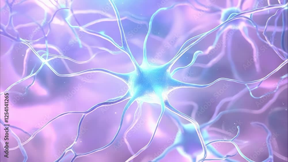 Poster a close-up view of a neuron, showcasing its cell body and branching dendrites against a colorful bac