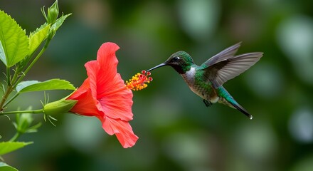 Naklejka premium Colibrí volando para recoger el néctar de una hermosa flor. 