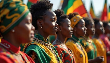 Black Awareness Day group portrait. People different ages, backgrounds stand together with colorful flags, traditional African clothing. Celebration freedom, fight against racism, promote humanity,
