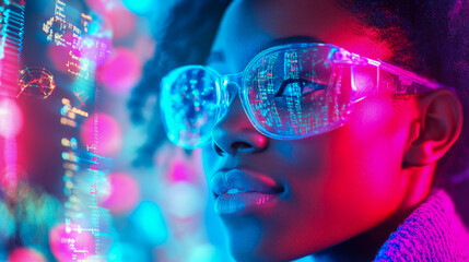 Futuristic Dreamscape: Young woman with augmented reality glasses