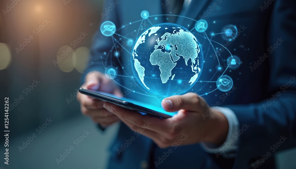 Aufkleber businessman using smartphone with digital global marketing concepts. virtual globe with social netwo