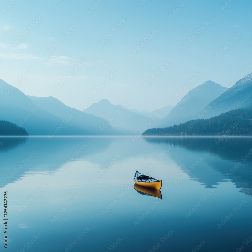 Poster lone kayak gliding on a serene mountain lake surrounded by majestic peaks in the early morning light