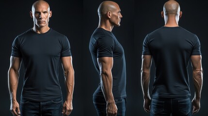 Muscular man, black t-shirt, studio, multiple angles, apparel mockup