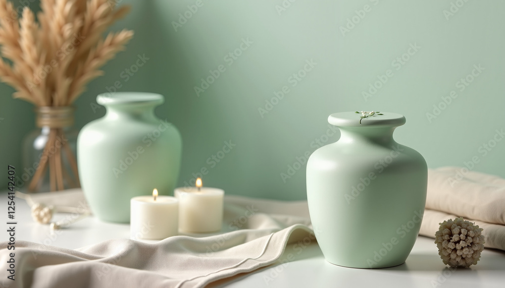 Poster minimally designed vases with candles on soft fabric background