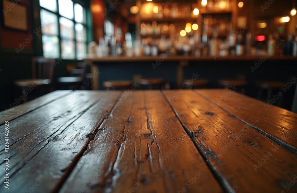 Poster close-up of rustic wooden table in dimly lit pub. blurred background of bar interior and stools crea