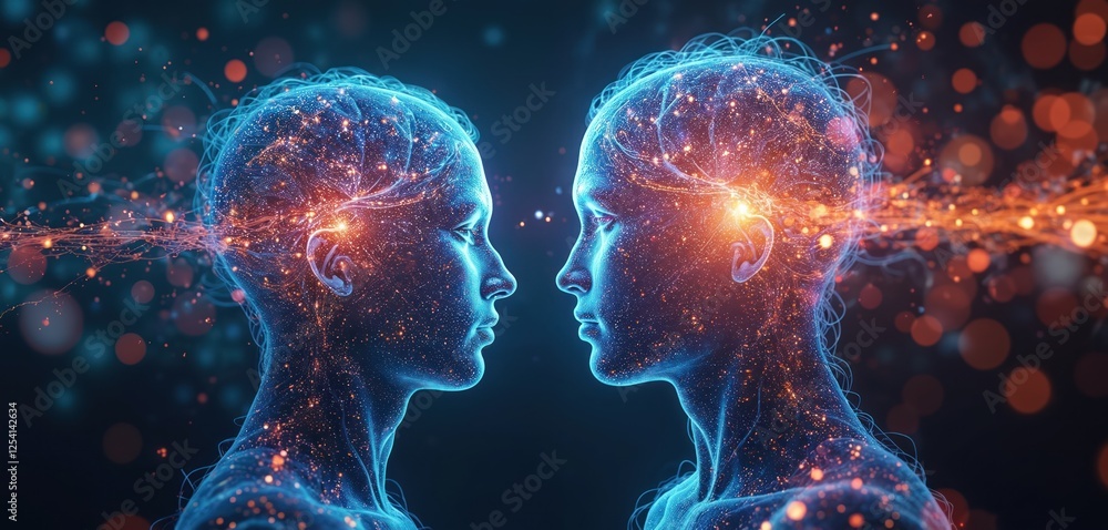 Poster digital art of two humanoids merging minds via neural networks. artificial intelligence, ai tech fus