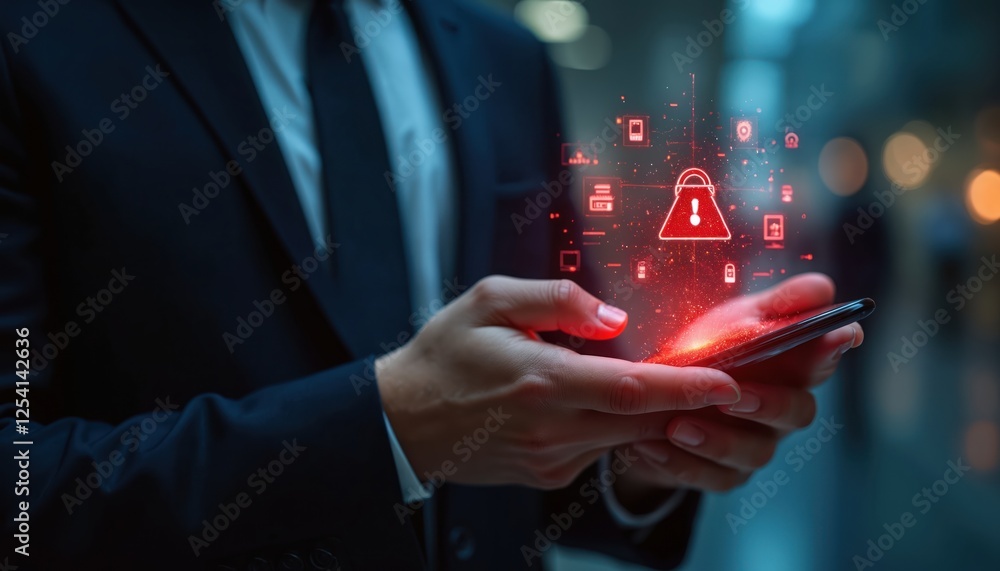 Poster man in suit holds hacked smartphone with alert. cyber attack on computer network, virus, malware. cy