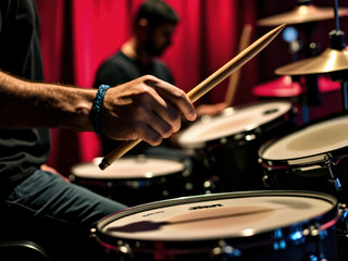 Naklejka premium A drummer performing on stage with focus on the drumstick and equipment, exuding musical passion.