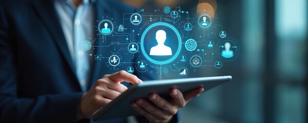 Person uses digital tablet for online recruitment, headhunting process. Team building, scouting to find employee candidate, talent acquisition via HR management software.