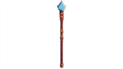 A magical staff with a blue crystal top, intricately designed, showcasing craftsmanship with a blend of wood and metal elements.