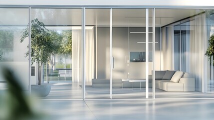 Fototapeta premium A glass-walled smart home with AI-controlled temperature, a modern sofa, and a white frame.