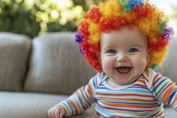 Fototapeta premium A joyful baby wearing a rainbow-colored wig, sitting on a couch and smiling brightly.