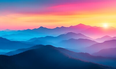Fototapeta premium A Vibrant Mountain Landscape at Sunset with Layers of Hills and Colorful Sky