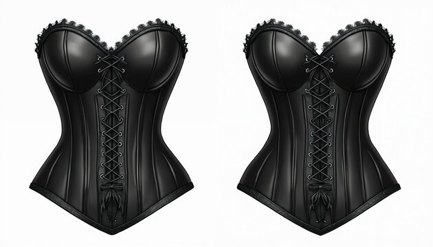 Two elegant black corsets on white background. Victorian style leather apparel. Fashionable lingerie, chic, stylish garment. Modern couture design with exquisite detail, laces. Perfect for evening
