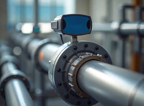 Illustration of ultrasonic flow meter attached to industrial pipe. Device measures fluid flow rate with accuracy. Sleek design, bright LCD display, industrial process automation, control.