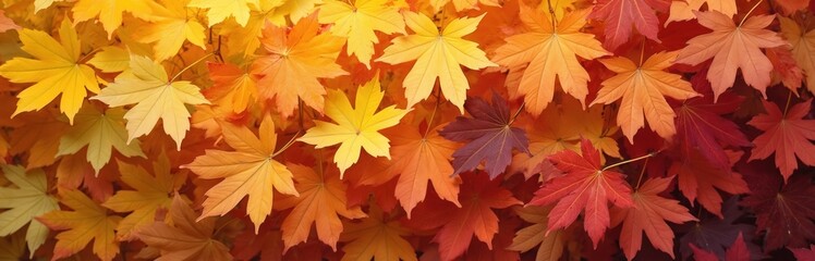 Obraz premium Seamless autumn maple leaves background with vibrant color gradient. Yellow, orange, red foliage creates rich, warm texture. Perfect for fall-themed designs, seasonal backgrounds, artistic projects.