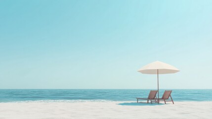 Relaxation at a tranquil beach with a lounge chair and umbrella under a clear blue sky. Generative AI
