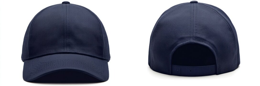 Navy blue baseball cap mockup, front and back views, white background, design template