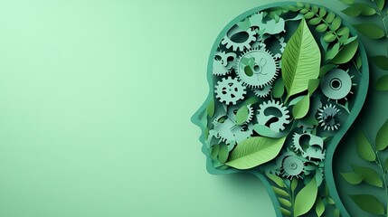 Paper Art of Green Head Silhouette with Gears and Leaves, Symbolizing Mental Health, Creative Thinking, and Eco-Friendly Design on Pastel Background