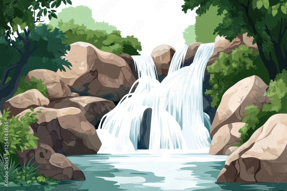 Poster waterfall cascading over rocks in a serene forest setting surrounded by lush green foliage. generati