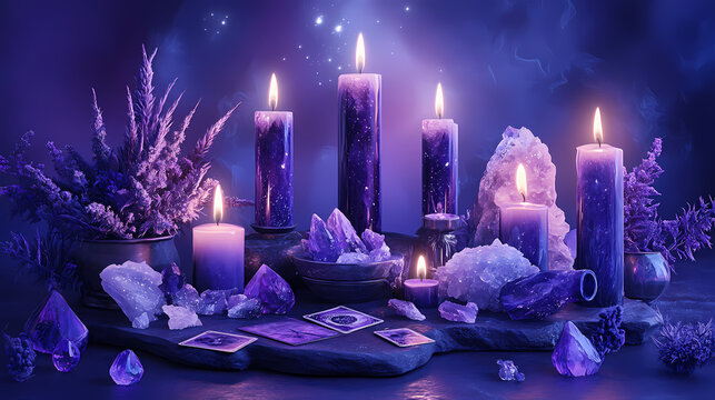 Mystical tarot reading setup with candles, crystals, and purple hues in enchanting dusk atmosphere, tarot, candles, crystals. Eclipse Prophecies. Illustration