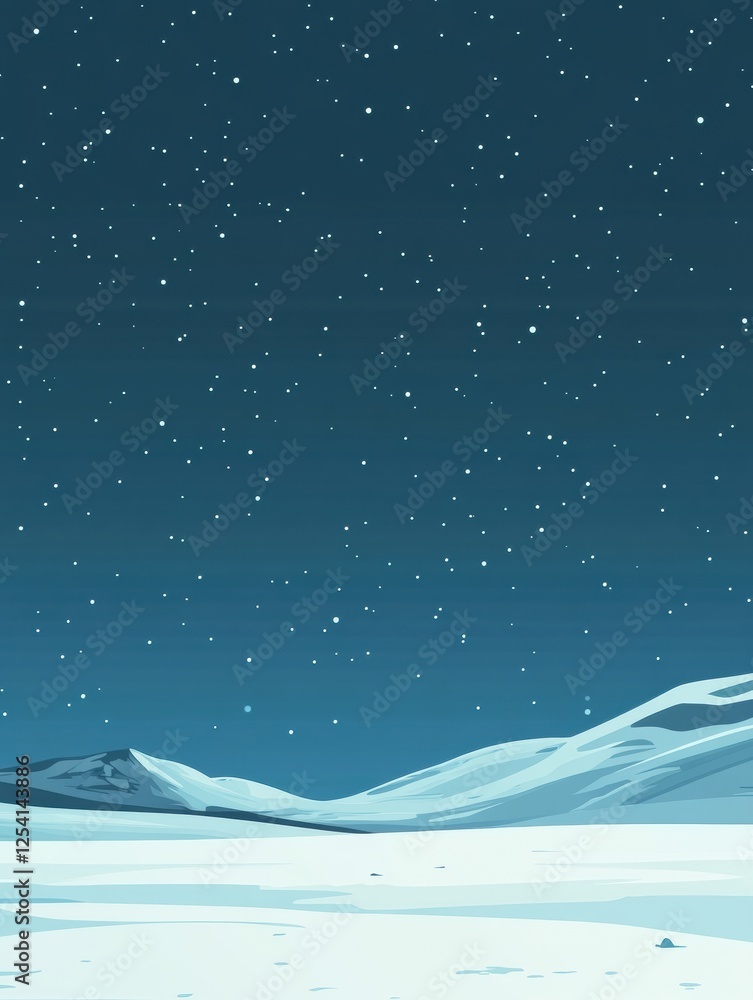 Poster snowy landscape under starry sky with distant mountains and a tranquil atmosphere during nighttime. 