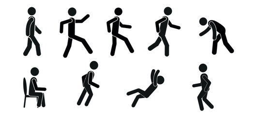 a set of figures of people in different poses, highlighted on a white background, a human figure, a stick man